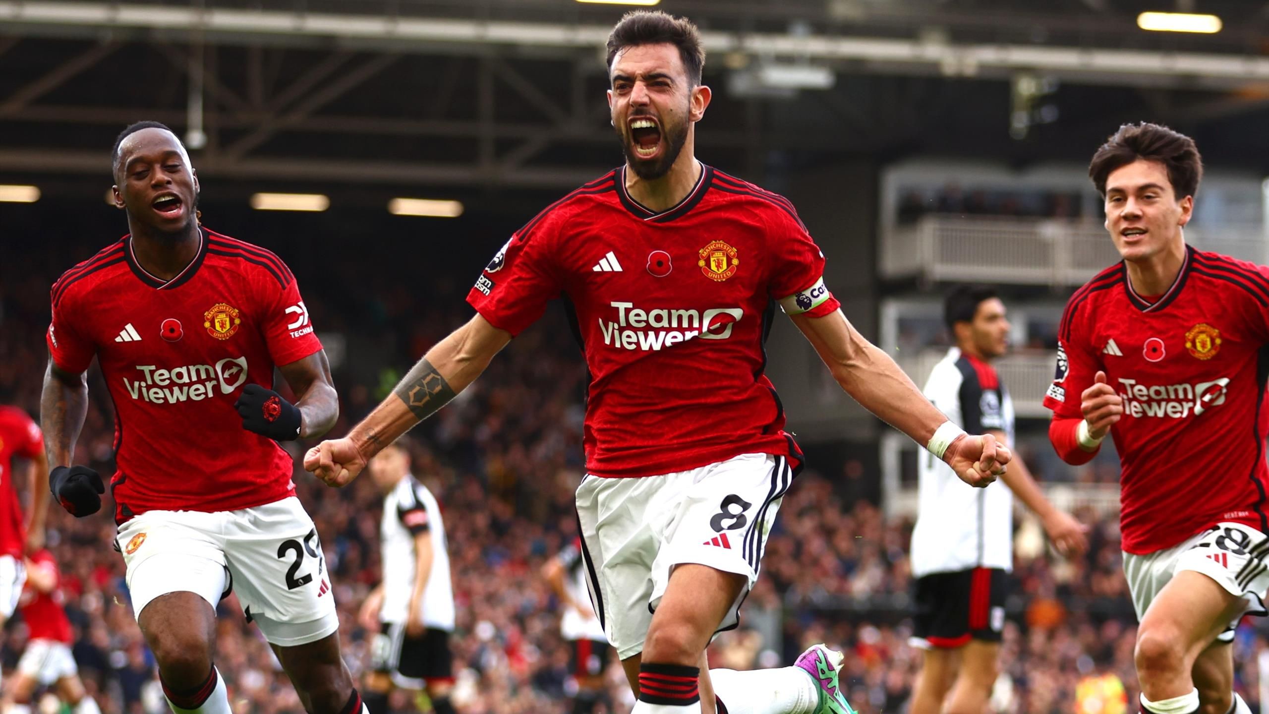 Bruno Fernandes celebrating a goal at Old Trafford